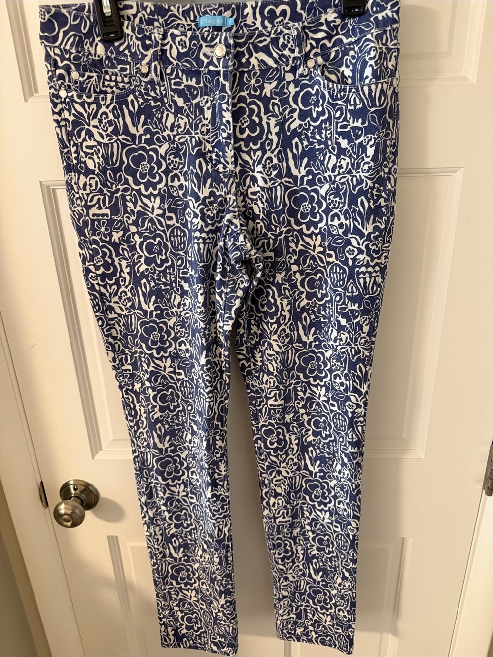 J. McLaughlin Blue & White Floral Lace Print Slim Ankle Denim Pants Midrise 8